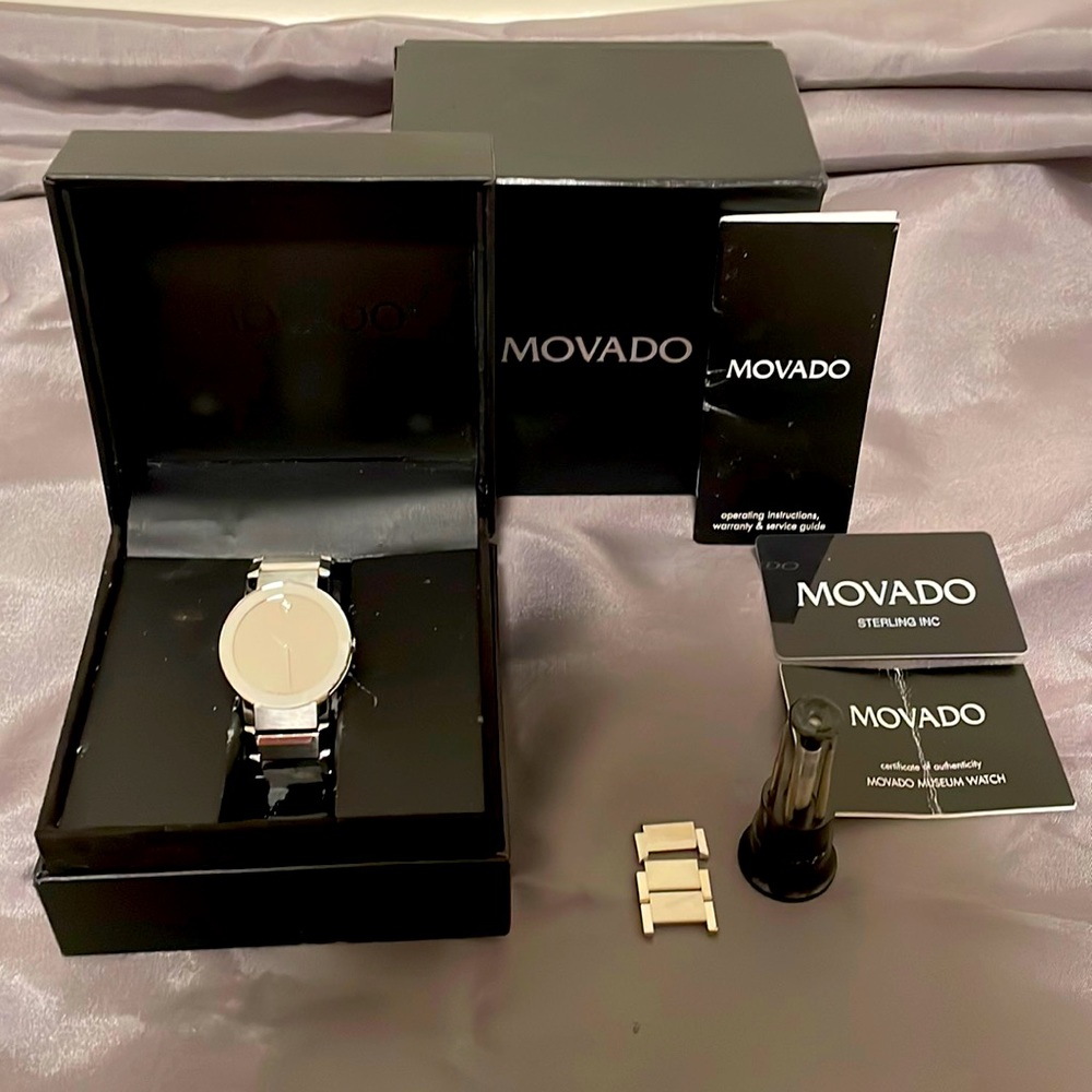 MOVADO Sapphire Men’s Stainless Steel 39mm Watch…original boxes and booklets!